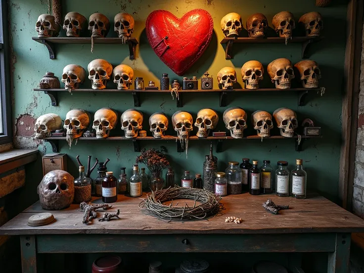  Creepy old grocery store interior, showing paranormal items on a wall and table like real skulls, cameras,  A red heart, moorings,  crown of thorns, soqueiras, severed fingers ,  potion bottles ,  creepy old accessories 