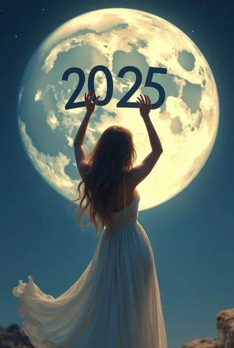 Draw me a beautiful woman without a single piece of fashion art coming from the moon carrying the number 2025 happy new year. 