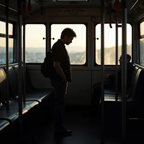 A quiet, peaceful moment on a bus during an early morning commute. A lone passenger stands holding the rail, reflecting deeply. Their posture is calm and introspective, with soft light streaming in through the window.