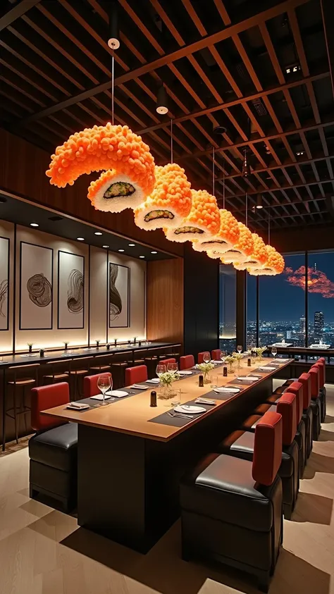 A modern Japanese restaurant with a stylish and minimalist interior design, a luxurious atmosphere. Suspended from the ceiling is an oversized, perfectly Dragon roll. The scene feels inviting, high-tech, and visually stunning, blending tradition and innova...