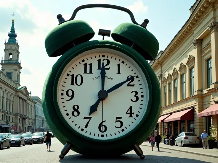 A huge  ,  alarm clock covered in dark green velvet stands on the road in downtown St. Petersburg in the style of photography