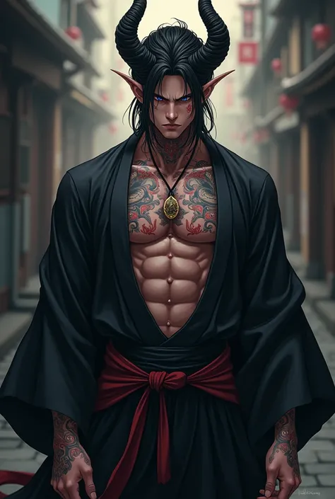 Anime demon man dressed in a black kimono with demon horns, attractive tattoos and scars full body black neat hair