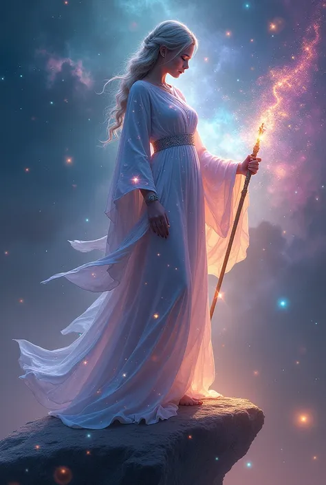 A celestial priestess in a glowing robe adorned with shimmering galaxies, luminous starburst tattoos across her hands and face, holding a radiant staff, standing on a floating asteroid amidst a nebula