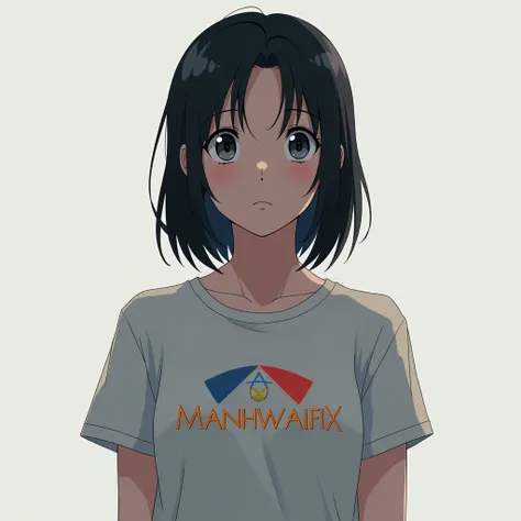 The Manhwaflix logo on the shirt of a black-haired girl looking at anime