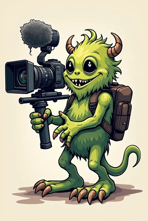  A whimsical and cartoonish illustration of a creepy monster operating a professional camera rig. The monster should have a playful and slightly shaggy appearance, holding the camera confidently, with detailed equipment like a stabilizer and lenses. The ar...