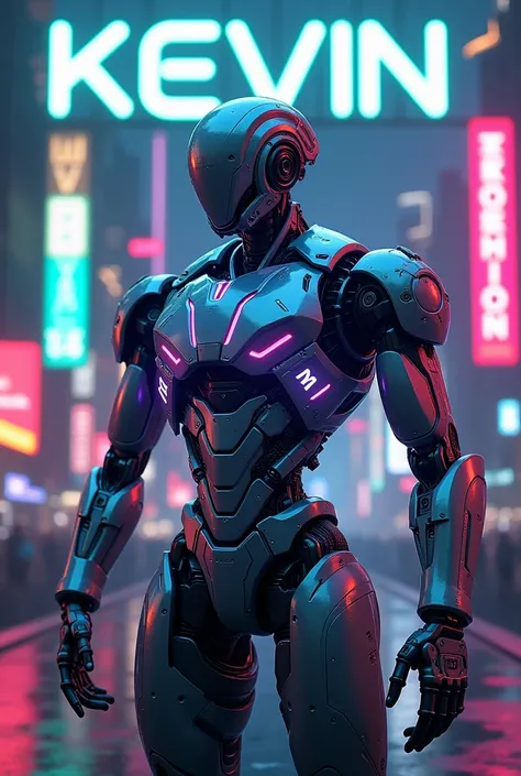 Make the name Kevin stand out with a beautiful image of a futuristic robot with neon lights