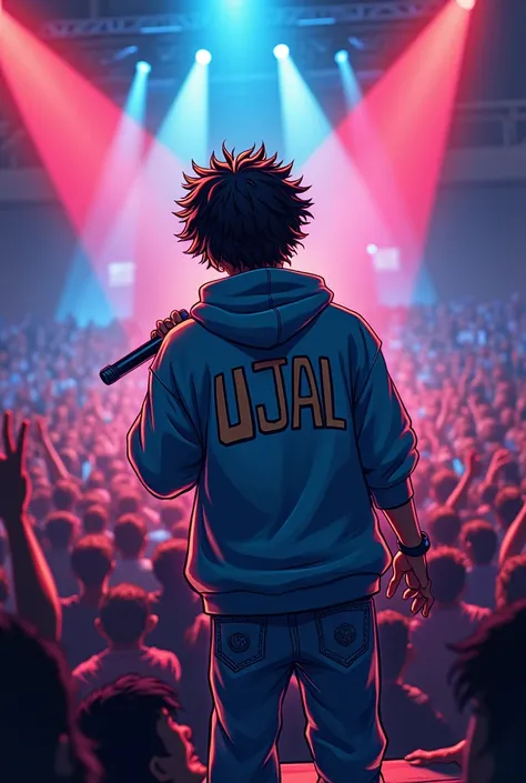 A picture of a young man having curly fade hair. He is wearing a hoodie and a track. He is holding a mike in his hand. He is doing rap concert Infront of huge mass of people. He is telling his story through rap. Create a anime type picture and people in th...