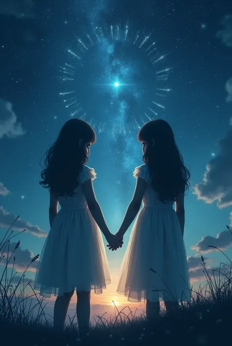  beautiful night sky with Gemini visible in the background。 twin sisters holding hands 。Its better not to see your face too much 。Mysterious impression。