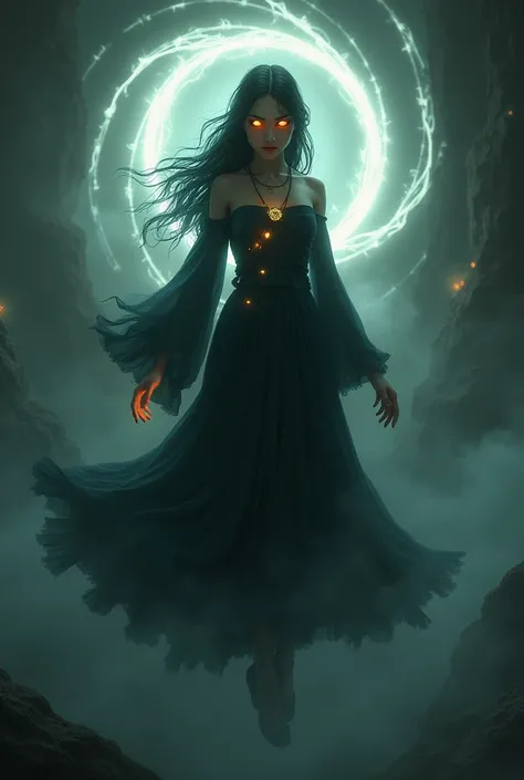  Draw a young witch wearing black clothes ,  spirals and a dark mist with a necklace with an amulet, floating, ritual portal behind ,  full body,  eyes glowing completely in orange 