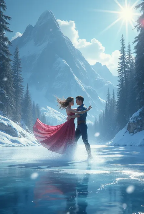 Ice Dance, Ice lake, portrayed in a mythical heroic saga, with dynamic poses and epic scenery. utilize rich COLOR to enhance the legendary and adventurous atmosphere