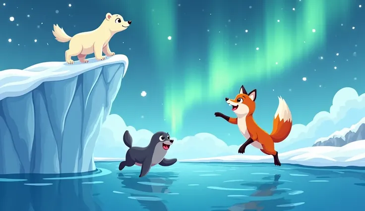 "A playful cartoon scene of the polar bear cub climbing a tall ice shelf, the seal pup swimming joyfully in the clear Arctic sea below, and the Arctic fox leaping through the snow with its tail held high, all under the glowing Northern Lights in the backgr...