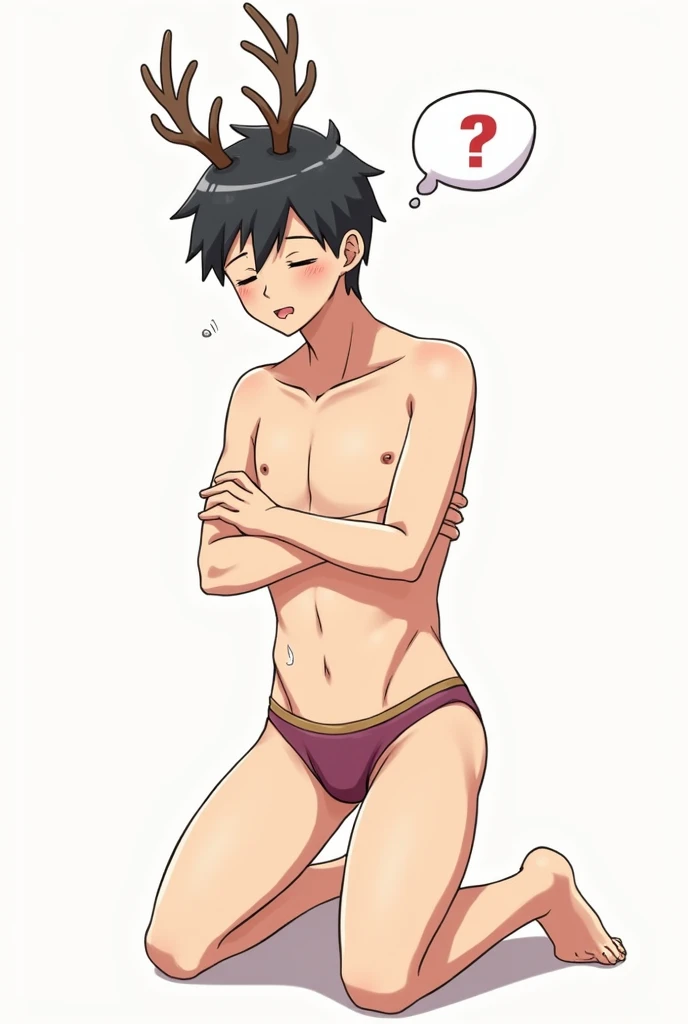 An adolescent man in anime kneeling with deer antlers wearing only underwear and tongue sticking out sweating with a thought bubble