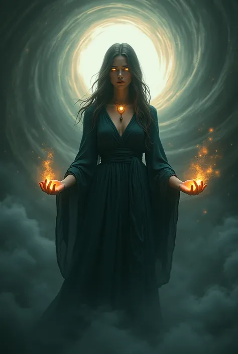  Draw a young witch wearing black clothes ,  spirals and a dark mist with a necklace with an amulet, floating, ritual portal behind ,  full body,  eyes glowing completely in orange 