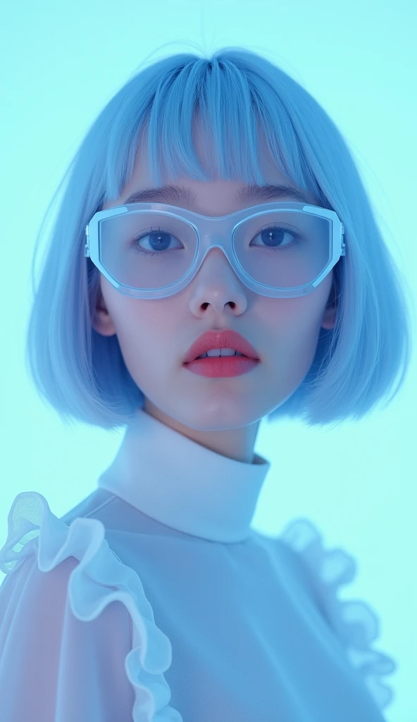 Create a highly stylized, ultra-detailed portrait of a young woman with a chic, futuristic aesthetic. She has a sleek, bob haircut in a soft, pastel blue shade that perfectly matches the overall color scheme. The focus is on her face, framed by geometric, ...