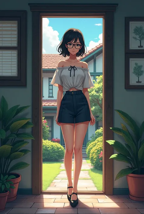 Girl with sexy glasses standing at a door with a house background, etc,  anime style 