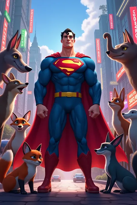 Superman est au milieu de zootopie avec des animaux aux caractéristiques humaines 