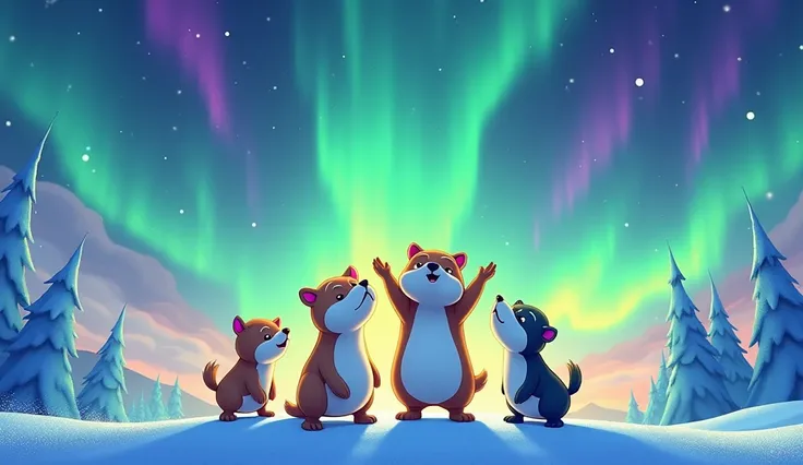 A whimsical cartoon image of the Arctic friends standing triumphantly under the colorful Northern Lights. The snow sparkles around them as the vibrant greens and purples of the Aurora fill the sky, and the friends look excited and full of wonde