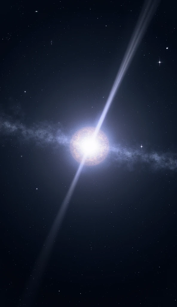 The light beams emitted from pulsars can only be seen when they point toward Earth. A neutron star emitting focused light beams, one pointing directly toward Earth in a starry sky