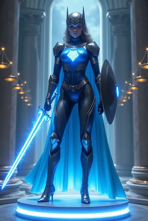 "A superhero symbolizing Libra, wearing sleek blue and silver armor with a glowing scale emblem on their chest. They wield an ethereal sword and shield, standing in a symmetrical pose on a glowing platform of balance. The background is a celestial courtroo...