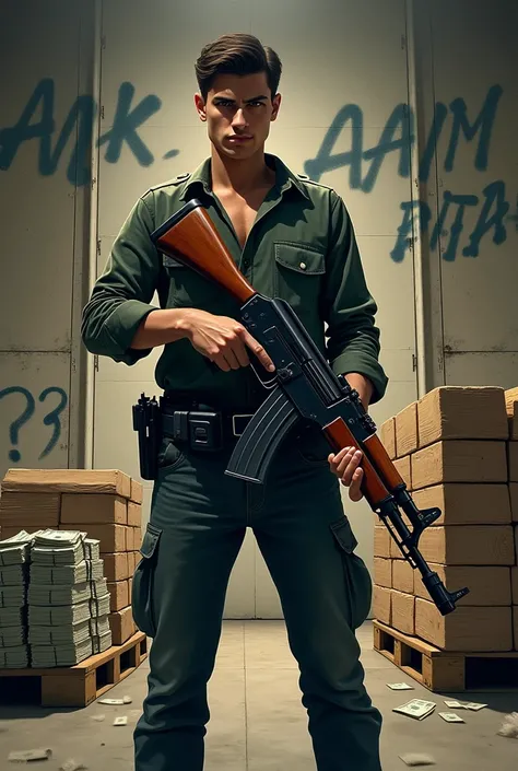 
A young guy holding an Ak-47, standing in a hangar, a pallet with money on one side, a pallet with cocaine on the other side, graffiti style writing on a brick wall