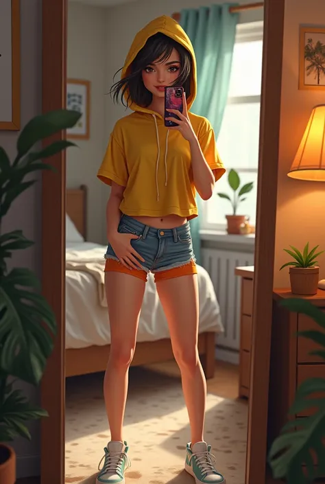 Create a prompt of a beautiful woman in her bedroom taking a selfie in the mirror with short denim shots and a yellow t-shirt with orange briefs and sneakers from Nike hooded hair and bikini bottoms 