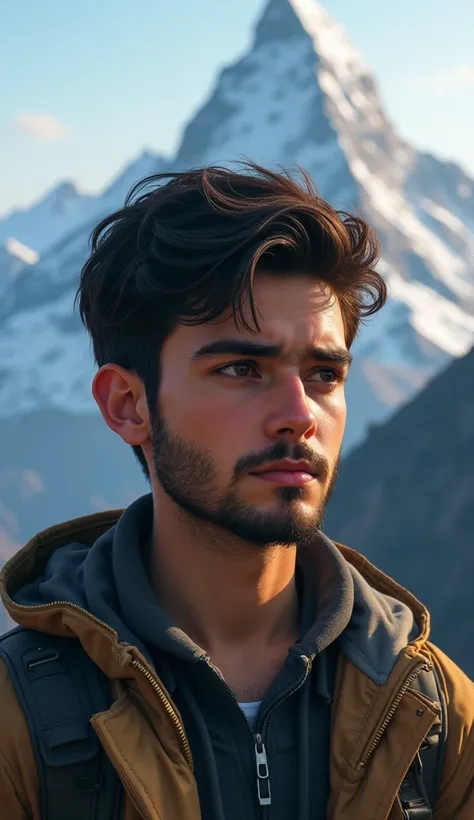 Adrián, a teenager with a beard, a little tired, while in the back there is the top of a mountain. 