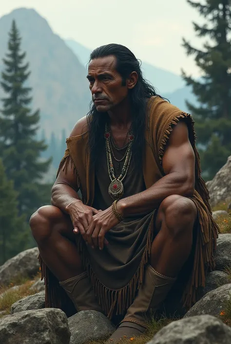 A cherokee man sitting sadly