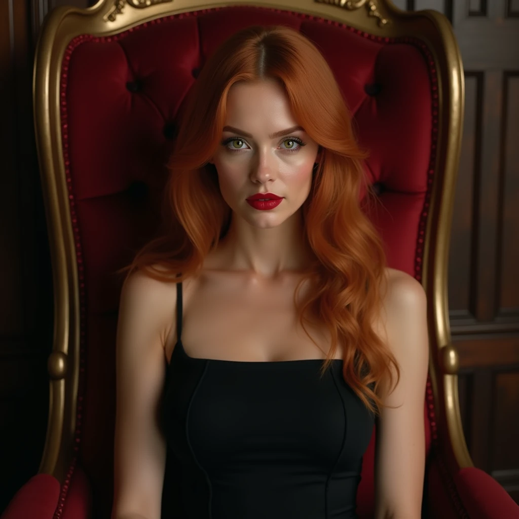  A hyperrealistic image showing a woman with loose copper hair and She wears a tight black dress with a straight neckline that highlights her elegance,  combined with intense red lips . Her amber eyes shine ,  adding a hypnotic touch to her expression and ...