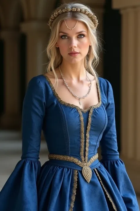 Taylor Swift with silver eyes and pale gold hair in a braided crown around her head and a thin silver chain across her forehead. She wears an indigo blue damask gown with a rounded neckline and long tight wrist length sleeves that widen at the elbows, with...