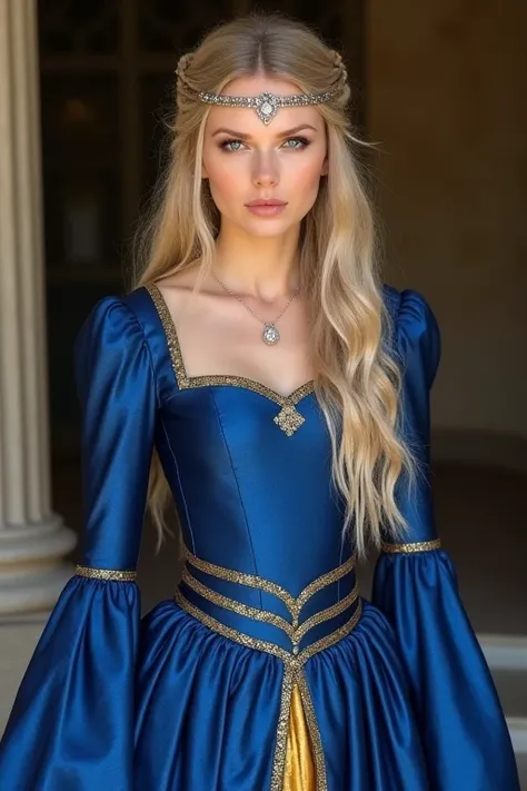 Taylor Swift with silver eyes and pale gold hair in a braided crown around her head and a thin silver chain across her forehead. She wears an indigo blue damask gown with a rounded neckline and long tight wrist length sleeves that widen at the elbows, with...