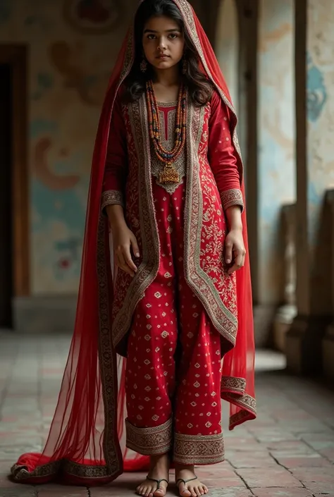 Real HD original picture, Pakistani young woman, hips shows, half face covered, wearing traditional dress,face not show, feet show