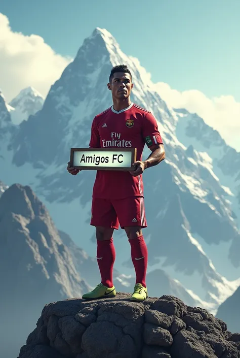 Cristiano Ronaldo standing and looking forward on a mountain top holding a name board in his hands  Amigos FC 