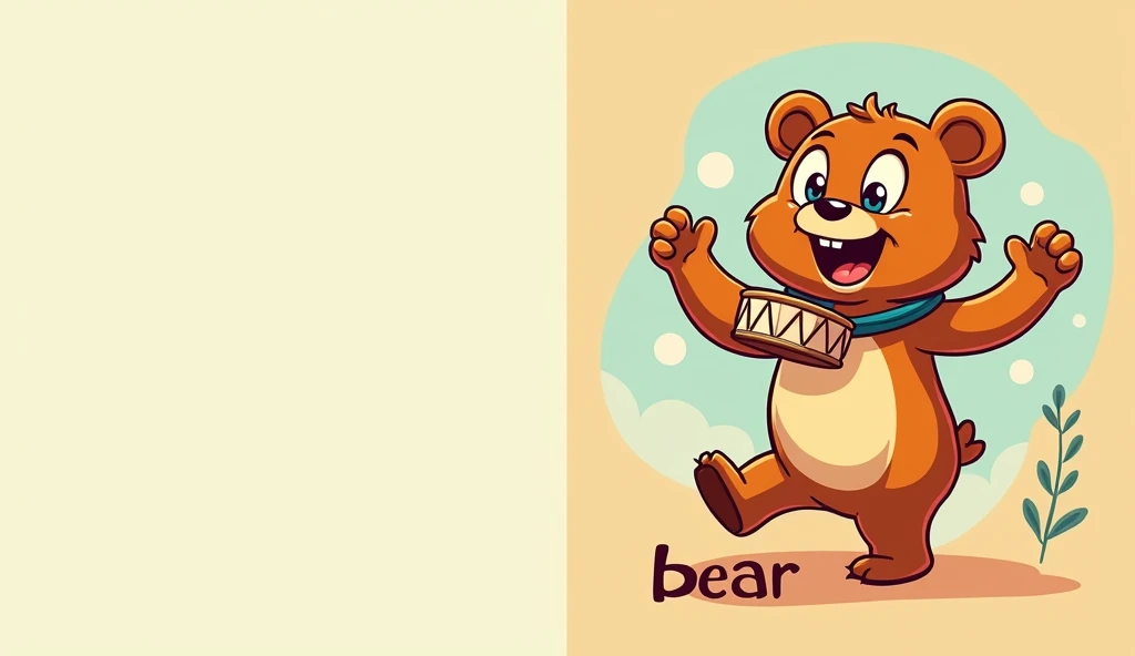 "Create a vibrant cartoon-style image divided into two sections:

Left Side (1/2 of the image): Leave this section blank for future customization.

Right Side (1/2 of the image): Depict a cheerful animated bear (भालू) with expressive eyes, arms, and legs. ...