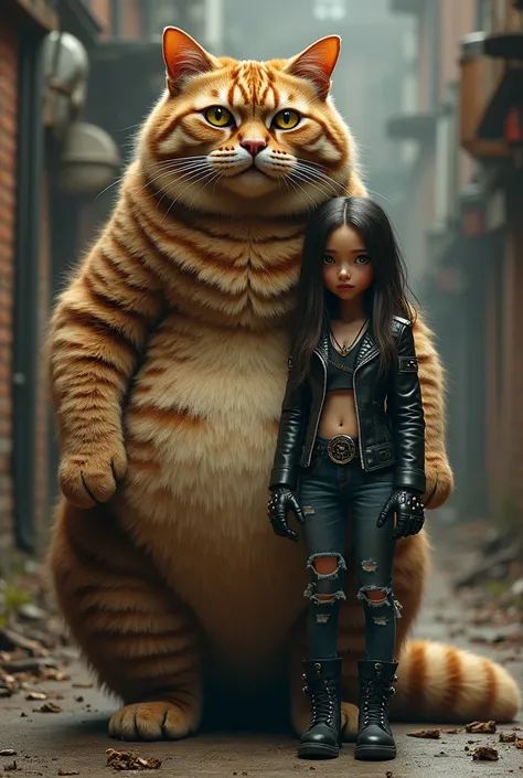 Huge domestic cat . next to a girl dressed biker 