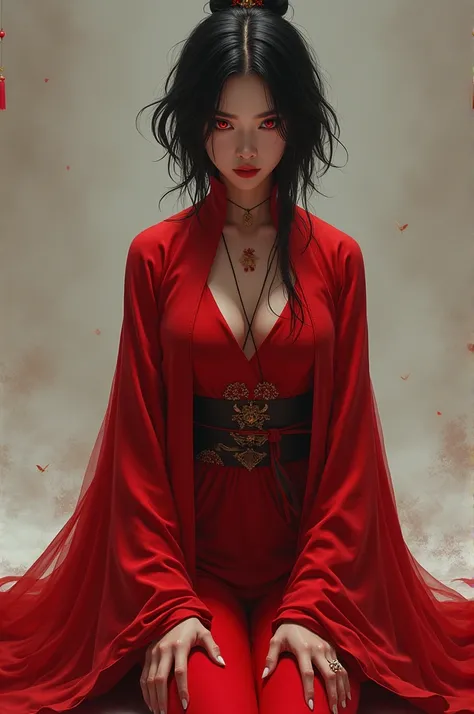 Azula, china dress, short hair, dark hair, red eyes, kneeling, 