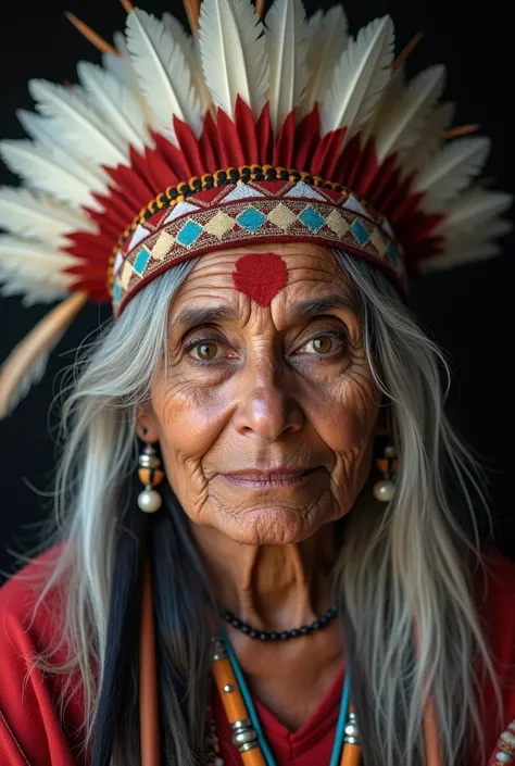 Photo of a full-bodied Indian woman with dark and penetrating eyes with light, lightly tanned skin aged 70 with indigenous paint on her face,  with long white hair with light black highlights wearing indigenous clothing and wearing a headdress with white a...