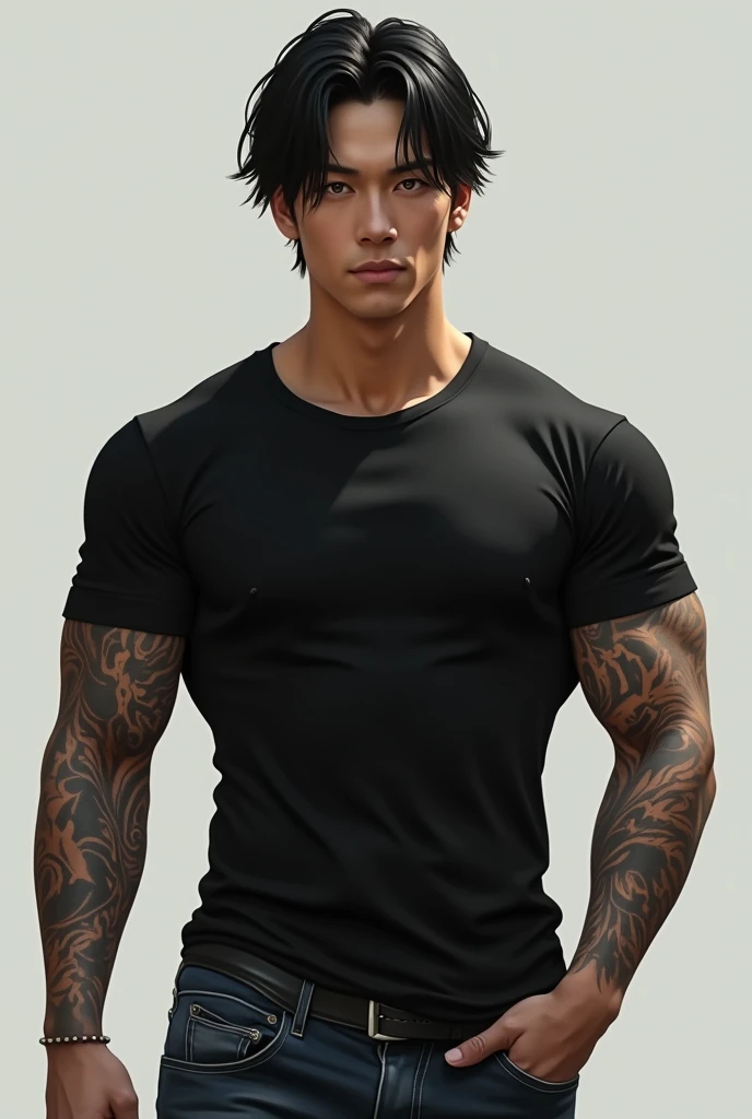 Handsome man, Japanese, 2, medium hair, light eyes, defined jaw, muscular, tattoos on his arms, white skin, wearing a tight black t-shirt and jeans