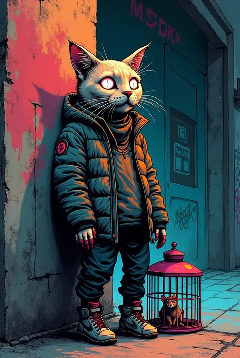 ink style. cyberpunk.
grunge. the color pop style.  ink drawing. A biomechanical anthropomorphic cunning cat in a jacket with galaxies in his eyes stands with his back against a wall on the street.
At his feet is a large cage with mice in it. graffiti on t...