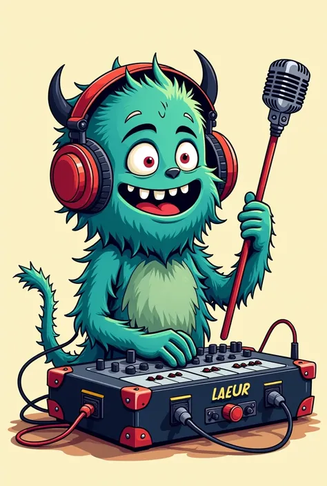 A whimsical and cartoonish illustration of a monster working as a sound technician. The monster should have a playful and slightly shaggy appearance, holding a long boom microphone confidently, with detailed equipment like audio mixers, headphones, and cab...