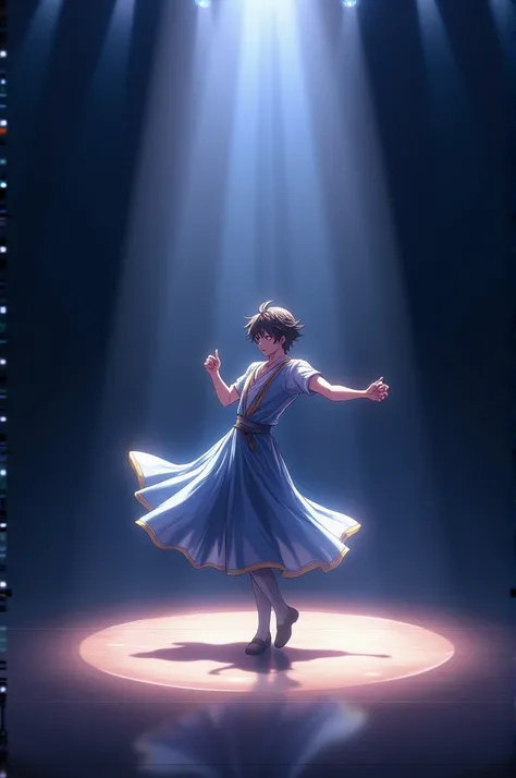 Anime character dance with his imaginary girl in the focus light on the stage