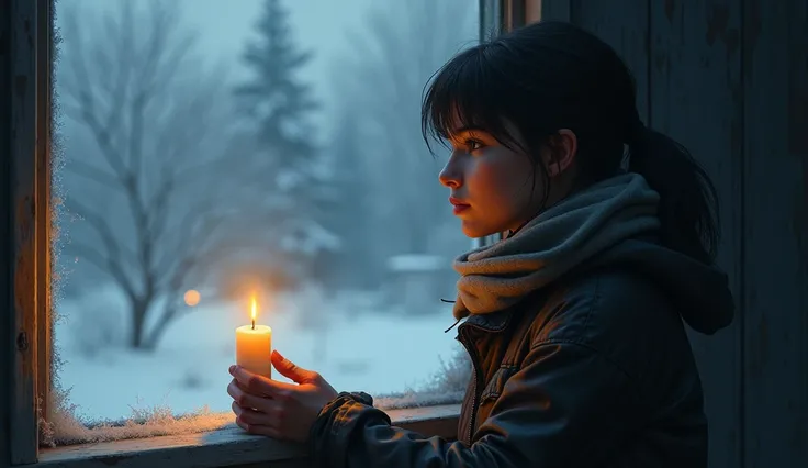  of someone just looking out a snowy window , or of a candle burning in the dark ,  symbolizing hope in difficult times .  An image of a hand extended to another can also be included,  offering 