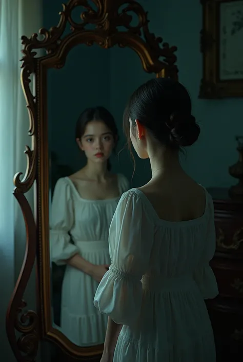 Make a beautiful 18 year old girl in front of the mirror, shades of a mystery house 