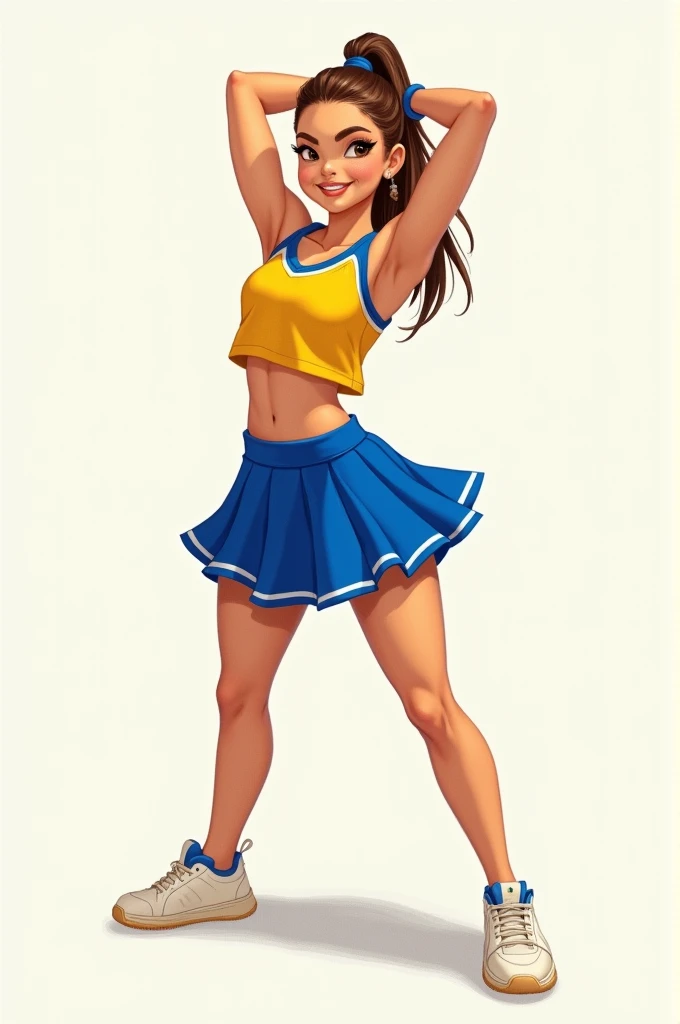 Cheeleader with only blue and yellow clothes, like skirt and a medium top around the belly button. Made in a realistic way of drawing.