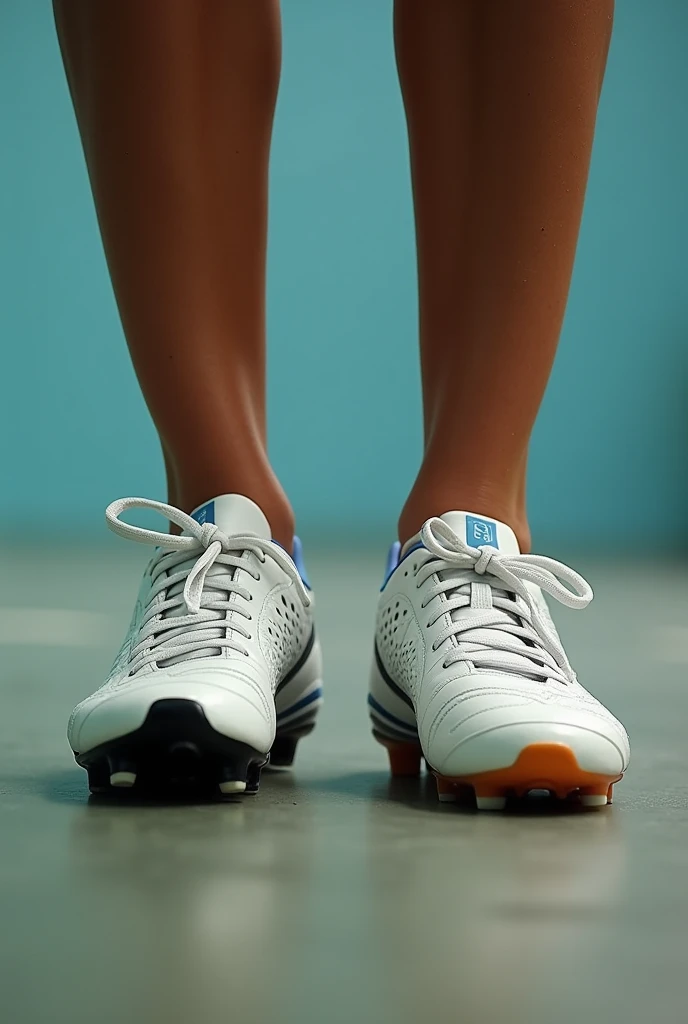 Photo of feet left foot with soccer cleats and right foot with volleyball shoes 
