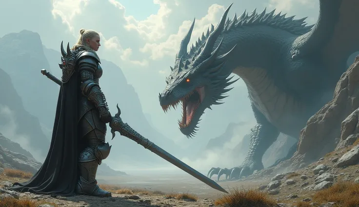  to create a 4k image of her a Slayer wearing armor made of monster items, She carries a Long Sword and confronts a great Dragon 