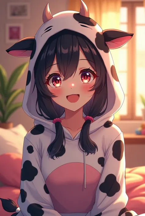 Girl streaming in her room dressed as an anime-style cow