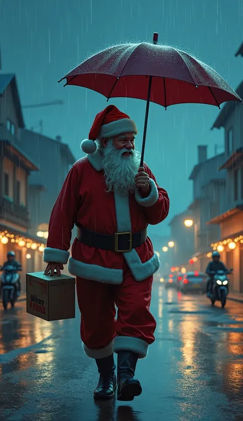 create a realistic illustration of santa claus walking with an umbrella on a rainy night. in one hand santa claus holds a pizza box. in the background you can see what appears to be a small town, with low buildings, cars and motorcycles on the street.