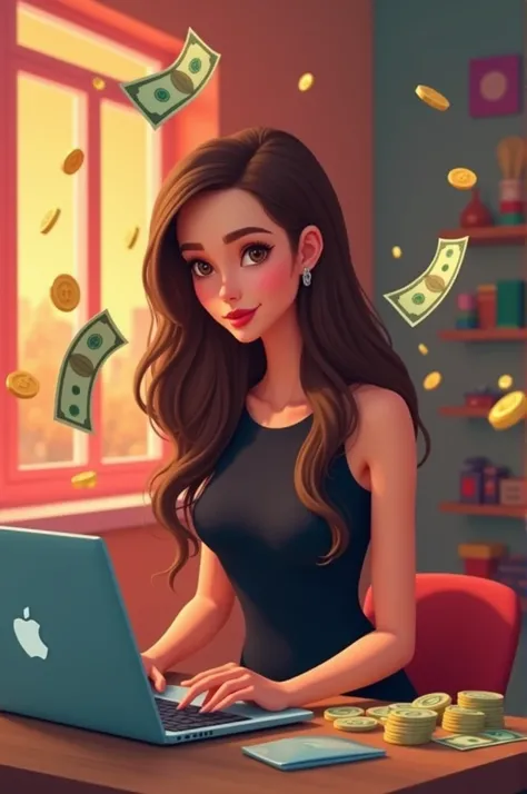 Fun background a bit colorful and crypto coins around and rich hot girl in a simple tight black dress and perfect brown hair working on laptop and money flying around unrealistic animated