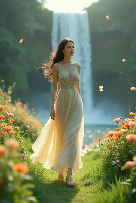 A women full body, walking on the garden, grass garden, flower garden, waterfall background.