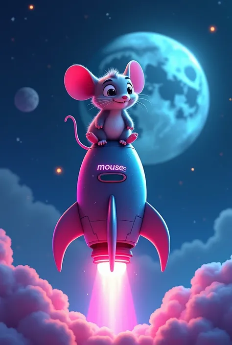 Digital illustration of a cartoon  mouse sitting on the rocket towards to the moon. MOUSE written on the rocket. Looks realistic with neon lights. 8k ultra hd